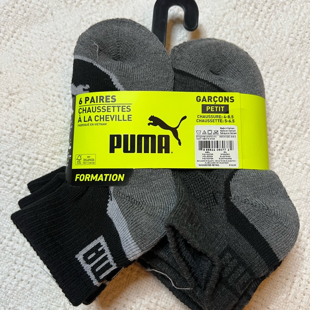 PUMA boys Gray and Black Ankle Socks - 6 Pack